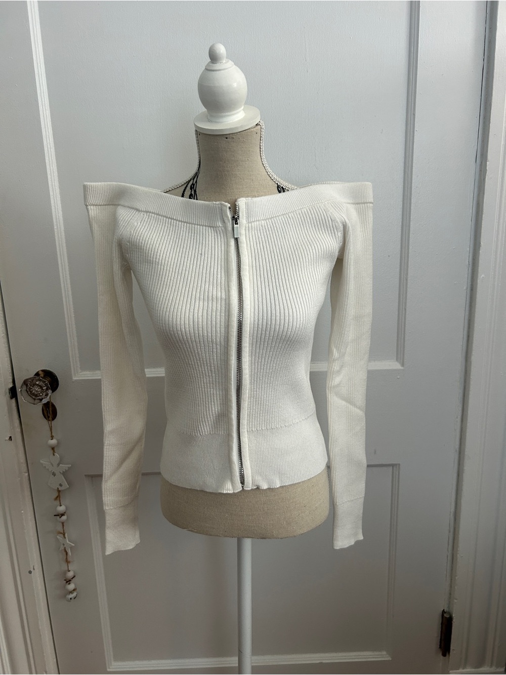 Soho Off-Shoulder Zip Front Sweater in White